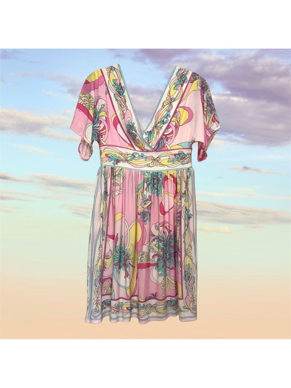 New Directions Pink and Yellow Plunge Neck Midi Dress